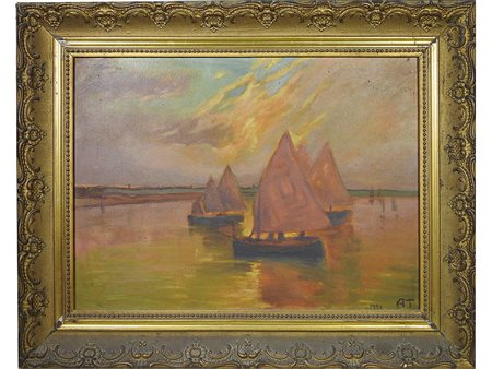 Marina con barche 1921 olio su tavoletta, datato e siglato AT, in cornice cm...