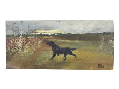 Mario Norfini (1870-1956) Paesaggio con cane olio su tavoletta, firmato,...