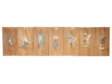 Mario Norfini (1870-1956) Natura morta con pesci serie di sette dipinti ad...