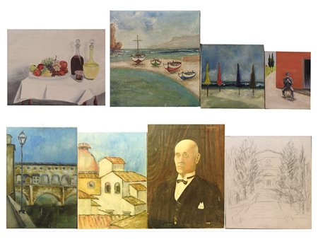 Lotto di dipinti ad olio su tela raffiguranti paesaggi e personaggi