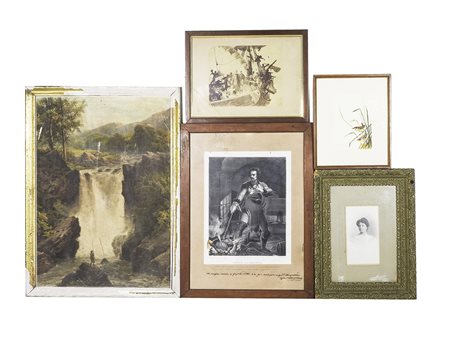 Lotto di cornici contenenti stampe e un piccolo acquerello, difetti