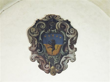 Stemma gentilizio XIX secolo dipinto ad olio su tavola sagomata, difetti cm...