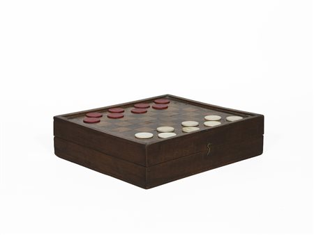Scatola da gioco d’epoca XIX secolo coperchio intarsiato con scacchiera,...