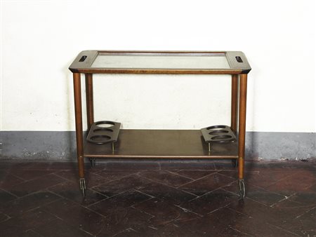 Carrello in noce Anni Cinquanta ripiano in cristallo, difetti h cm 62x83x49