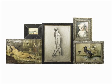 Lotto di dipinti d’epoca tra cui due ritratti ed uno studio accademico,...