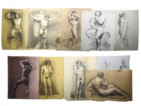 Giulio Piatti (1816-1972) Nudi maschili serie di sedici disegni a carboncino...