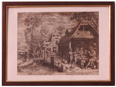 Jan Sadeler I (1550-1600) Enoch e la sua famiglia a tavola 1586 incisione,...