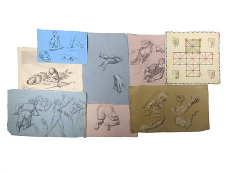 Cartella contenente raccolta di dipinti e bozzetti preparatori su carta d’epoca