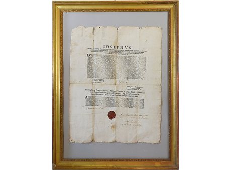 Editto ecclesiastico 1709 reca timbro in ceralacca, in cornice cm 55x44