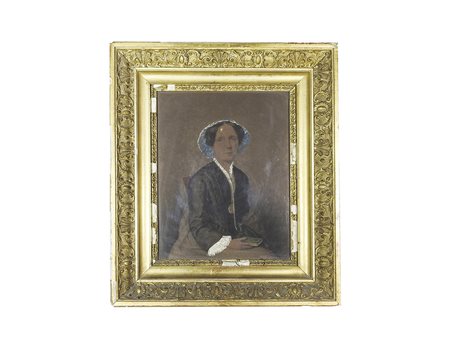 Ritratto di dama con libro XIX secolo tecnica mista su carta marrone, in...