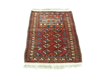 Tappeto preghiera afghano fondo rosso, campo con veduta di palazzo e motivi...