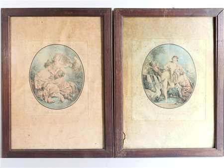 Scene mitologiche XIX secolo coppia di incisioni francesi in ovale, in...