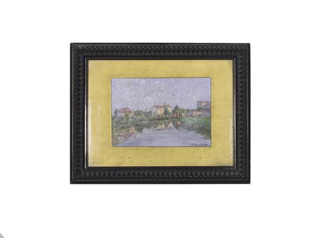 Paesaggio fluviale olio su carta, firmato M. F. Giachetti, in cornice cm 10x15