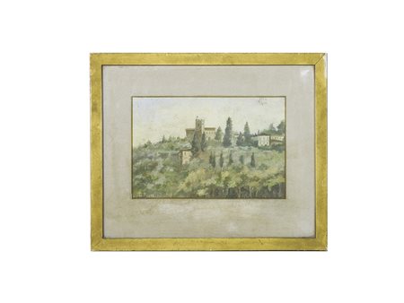 Paesaggio toscano olio su cartone, firmato E. Mancini, in cornice cm 13x21 Al...