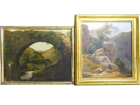Giulio Piatti (1816-1872) Paesaggio fluviale con rovina e Paesaggio roccioso...