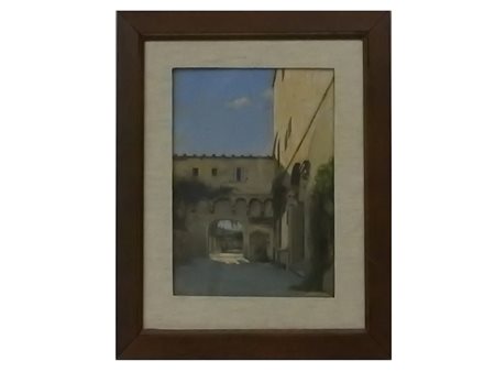 Scorcio di cortile olio su tavoletta, firmato Ciseri, in cornice cm 22,8x17,5...