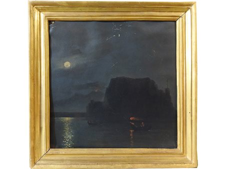 Notturno napoletano XIX secolo olio su carta, in cornice, difetti cm 27x26