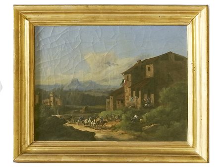 Scuola olandese del XIX secolo Paesaggio con soldati olio su tela, in...