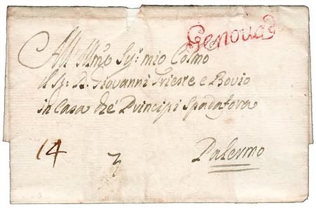 PREFILATELIA - 1790, GENOVA, corsivo rosso (Voll. 263) applicato a Napoli su...