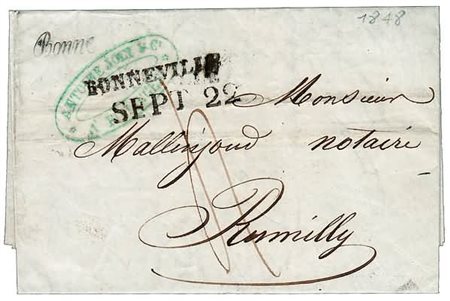 PREFILATELIA - 1848, BONNE, corsivo su lettera tassata per Rumilly, con...
