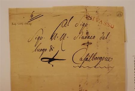 PREFILATELIA - 1814, CHIVASSO, lineare di Nazione Piemontese, rosso, riusato...