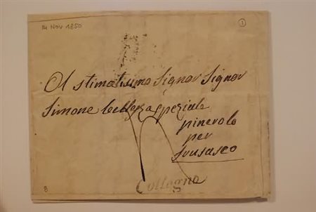PREFILATELIA - 1850, COLLEGNO, corsivo su lettera tassata per Brusasco.(LETTERA)