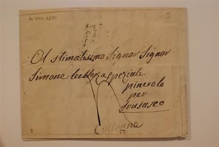 PREFILATELIA - 1850, COLLEGNO, corsivo su lettera tassata per Brusasco.(LETTERA)