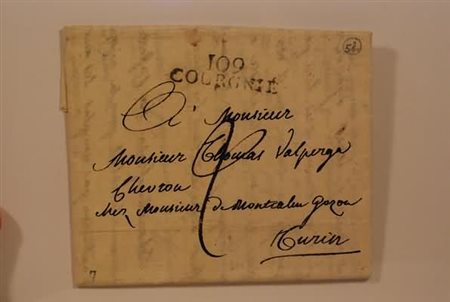 PREFILATELIA - 109 COURGNIE', lettera tassata per Torino, con testo ma non...