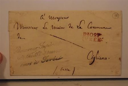 PREFILATELIA - P.109P. IVREE, rosso, su franchigia per Cigliano, senza testo...