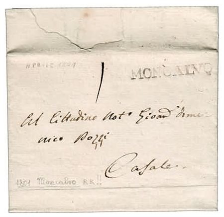 PREFILATELIA - 1801, MONCALVO, lineare di Nazione Piemontese su lettera per...