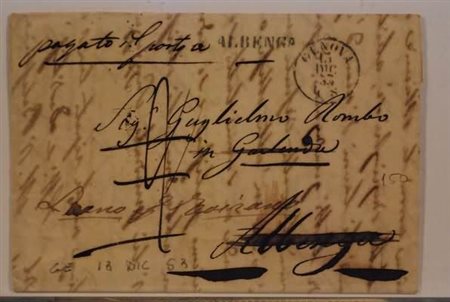 FRANCHIGIE, PORTI PAGATI E DOVUTI - 1853, ALBENGA, lettera da Genova per...