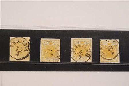 LOMBARDO VENETO - 1850, 5 c. giallo ocra (1) 4 esemplari in differenti...