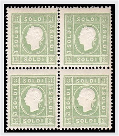 LOMBARDO VENETO - 1862, 3 soldi verde giallo (35) fresca quartina, gomma...