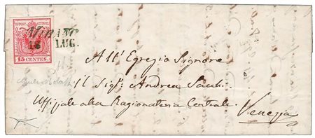 LOMBARDO VENETO ANNULLAMENTI - 1850, MIRANO azzurrastro (p.12) su 15 c.rosso,...