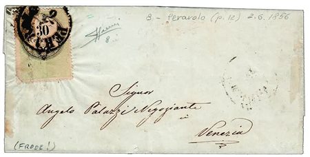 LOMBARDO VENETO ANNULLAMENTI - 1856, PERAROLO C1 (p.12) su Marca da bollo da...