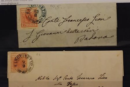 LOMBARDO VENETO ANNULLAMENTI - 1850, SANGUINETTO azzurro (p.13) su 15 c.rosso...