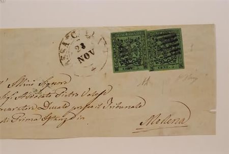 MODENA - 1853, 5 c.verde senza punto dopo le cifre (1), due esemplari su...