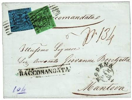MODENA - 1854, 5 c. verde (1) + 40 c. azzurro (6) su raccomandata da Modena...