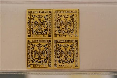 MODENA - 1852, 15 c.giallo (3) blocco di quattro, 2 esemplari gomma...