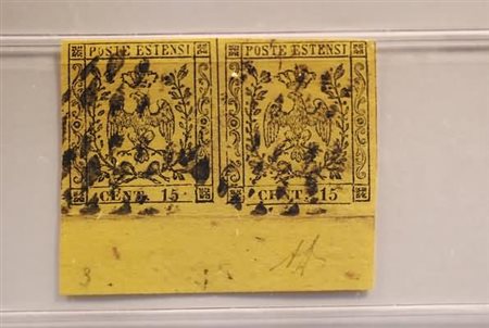 MODENA - 1852, 15 c.giallo (3) coppia orizzontale con bordo di foglio in...