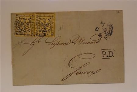 MODENA - 1859, 15 c. giallo (3) coppia orizzontale su lettera da Reggio per...