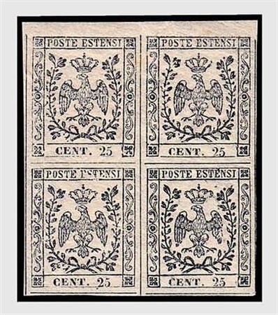 MODENA - 1852, 25 c. camoscio chiarissimo rosaceo (4b) quartina con gomma...