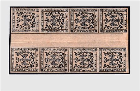 MODENA - 1852, 25 c. camoscio stampa oleosa) (4c) blocco verticale di 8 con...