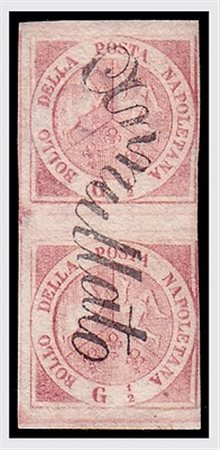NAPOLI - 1858, 1/2 grano rosa II tavola (2c) coppia verticale di cui...