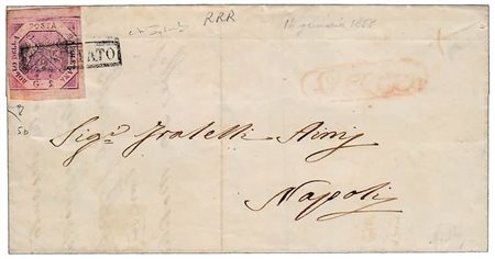 NAPOLI - 1858, 2 gr. lilla rosa, I tavola (5b) su lettera da Lecce per Napoli...