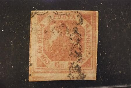 NAPOLI - 1858, 2 gr.rosa carminio I tavola (5d) annullato con il bollo "ferro...