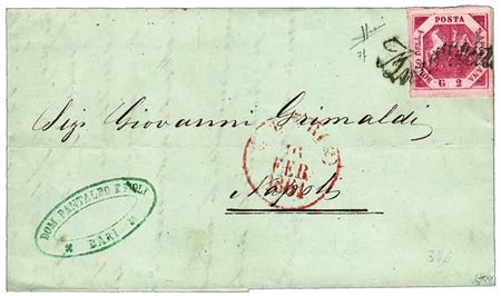 NAPOLI - 1861, 2 gr. carminio cupo III tavola (7f) su lettera da Bari...