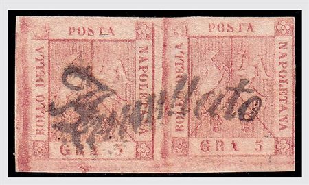 NAPOLI - 1858, 5 gr. carminio rosa II tavola (9) coppia, annullo a svolazzo....