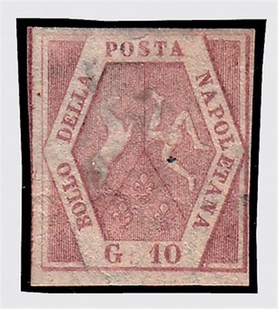 NAPOLI - 1858, 10 gr. rosa lillaceo, I tavola (10a) fresco esemplare. (Cert....