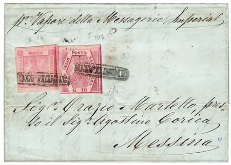 NAPOLI - 1859, lettera affrancata con 10 gr.rosa brunastro scuro (10b) + 1...
